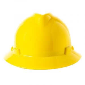 Casco de seguridad MSA ala ancha color blanco con suspensión Staz-On visto de frente